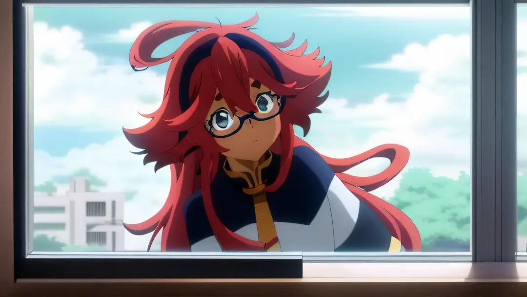 Anime girl with long hair and glasses looking out the window, screenshot from the anime film, in the anime film, anime movie scr...