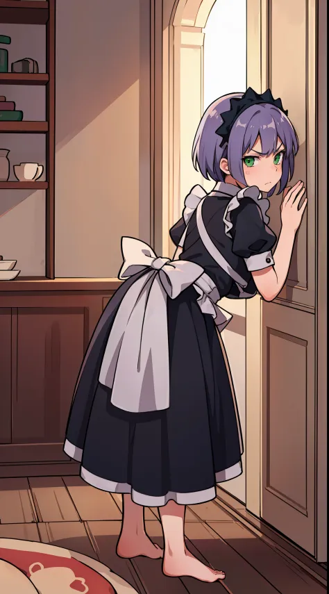 hiquality, tmasterpiece (One teenage girl, housemaid) cute face, Frowning, indifferent face, light purple smooth short hair. Green eyes, maid outfit, bare feet. In the background of the room. gloomily.