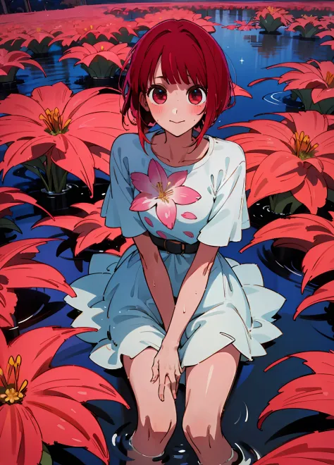 "a girl, arima kana, with red hair, sitting in a puddle, during the night with shining stars, surrounded by a colorful flower fi...