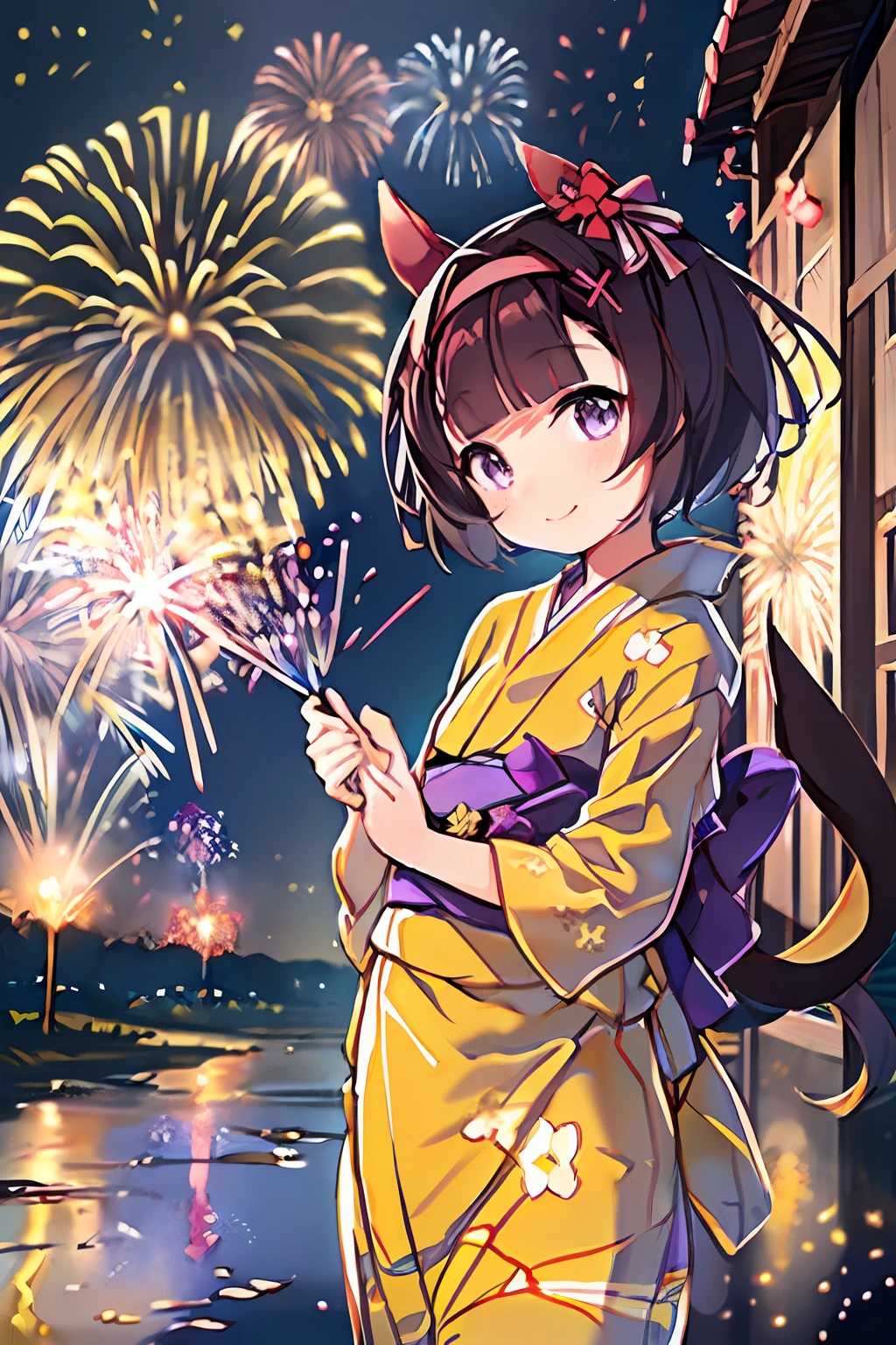 ​masterpiece、top-quality、独奏,, 1 rapariga,,Nishino flower\(Umamusume\),Marl、((Yellow yukata:1.4))、 ((Patterned yukata, Geta), Gentle smile, Holding nothing in the hands、((Fireworks in the night sky)), ((fireworks at background)), 、modest tail