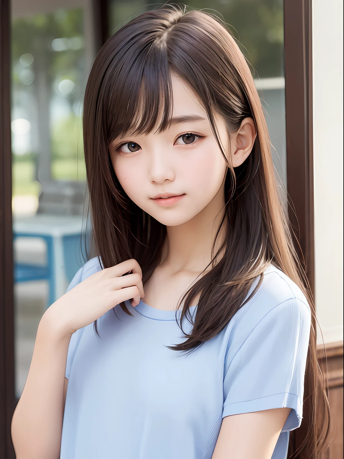 プラチナブロンドの髪は超長くて糸状のストレートヘアです、ポレートする、学校の制服、明るい表情、ポニーテール、若くて輝く白い肌、ベストルックス、光沢のある明るい髪、輝く美しい前髪、二重まぶた、アイライナー、大きな透明な青い目，魅惑的な光で輝く、小さな顔、とても素敵でかわいいかわいい1東ヨーロッパの女の子、大きな胸像