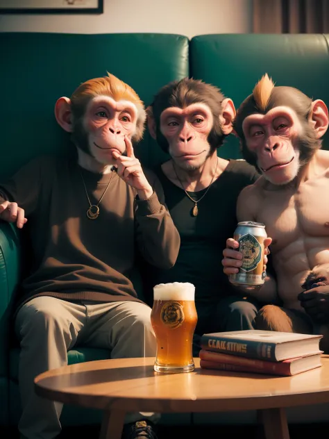 Two monkeys sitting on the couch, 1 monkey drinking a can of beer and 1 monkey showing his middle finger to the camera