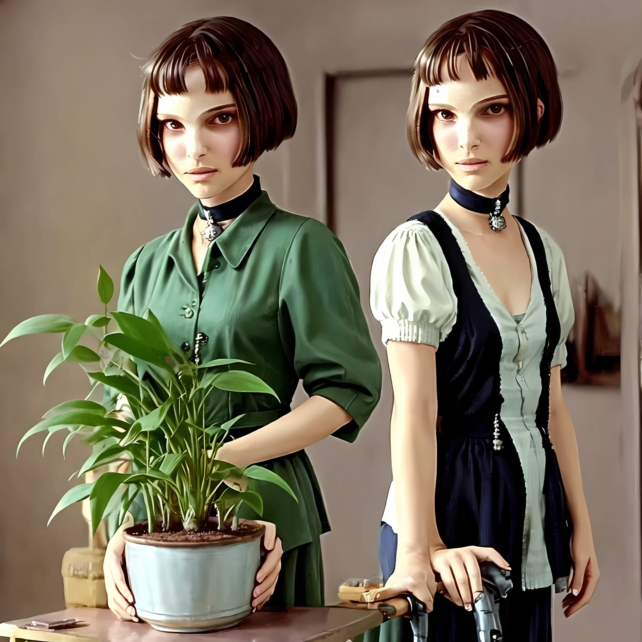 an art style cartoon anime Matilda (Mathilda) from LEON (professional) movie (Natalie Portman), slim female with pot of plant in hands, detailed face look at camera, smirk, (smile:0.5), raw, intricate, high quality, 64K, UHD