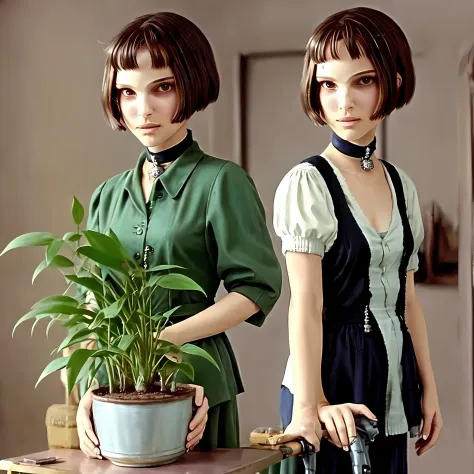 an art style cartoon anime matilda (mathilda) from leon (professional) movie (natalie portman), slim female with pot of plant in...