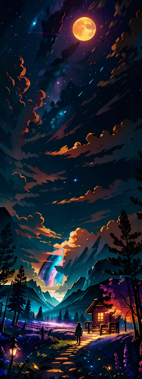 expansive landscape photograph , (a view from below that shows sky above and open field below), a girl standing on flower field looking up, (full moon:1.2), ( shooting stars:0.9), (nebula:1.3), distant mountain, tree BREAK
production art, (warm light sourc...
