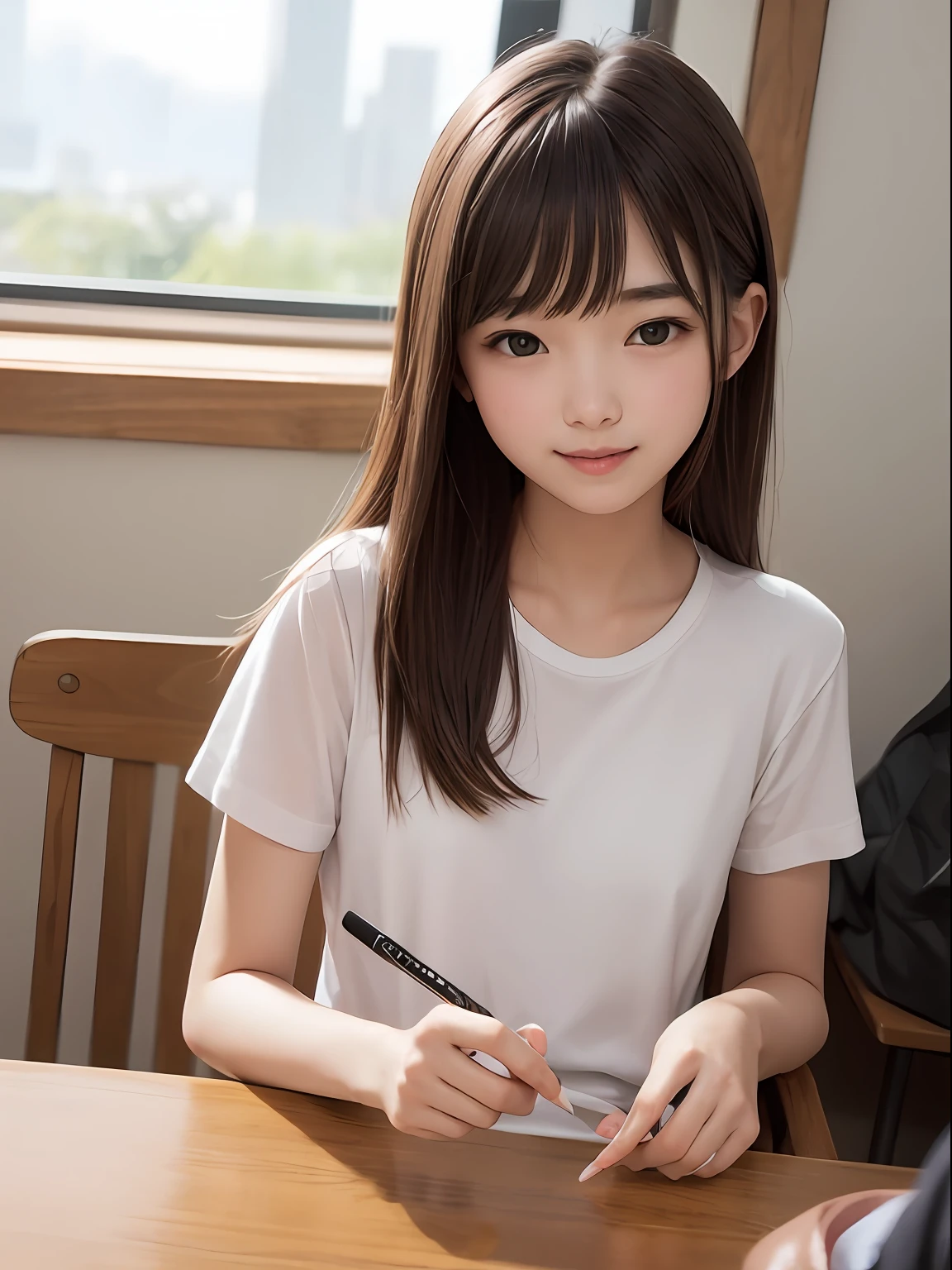 プラチナブロンドの髪は、非常に長い糸状のストレートヘアです、ポレートする、学校の制服、明るい表情、ポニーテール、若くて輝く白い肌、ベストルックス、光沢のある明るい髪、輝く美しい前髪、二重まぶた、アイライナー、大きな透明な青い目，魅惑的な光で輝く、小さな顔、とても素敵でかわいいかわいい1東ヨーロッパの女の子、大きな胸像