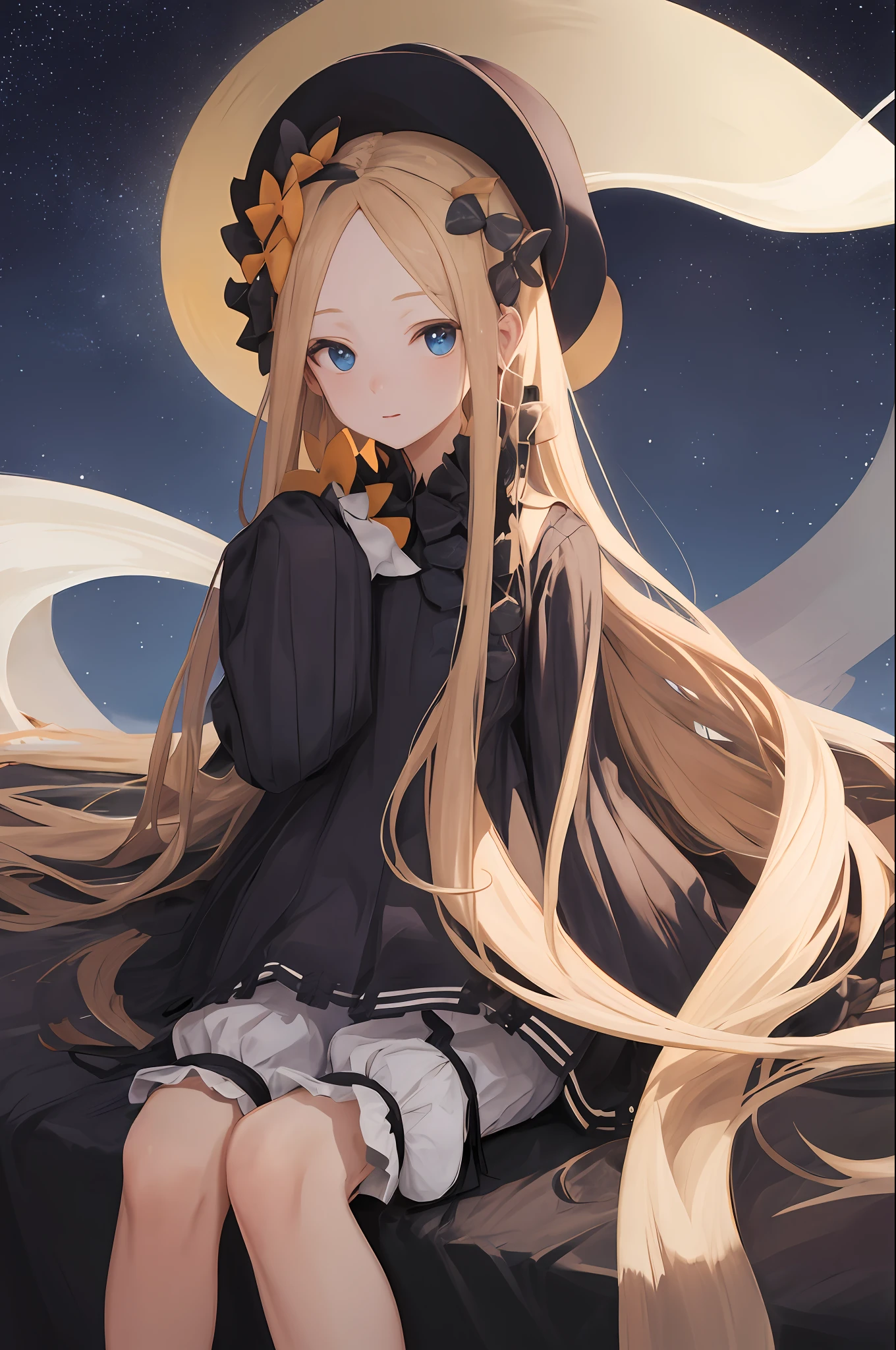 masterpiece, best quality, highres, hmaw1, long hair, hat, black dress, long sleeve, black sleeves, white bloomers, space, starry sky, sitting