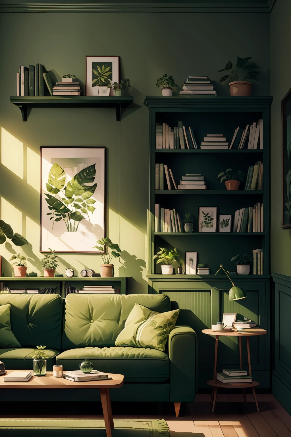una sala de estar con un sofá verde y una planta verde en la pared y una estantería con libros