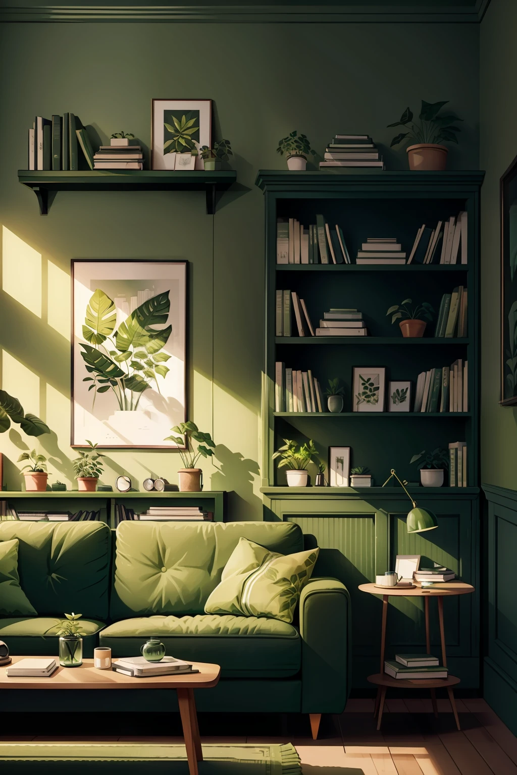 a living room with a green couch and a green plant on the wall and a book shelf with books