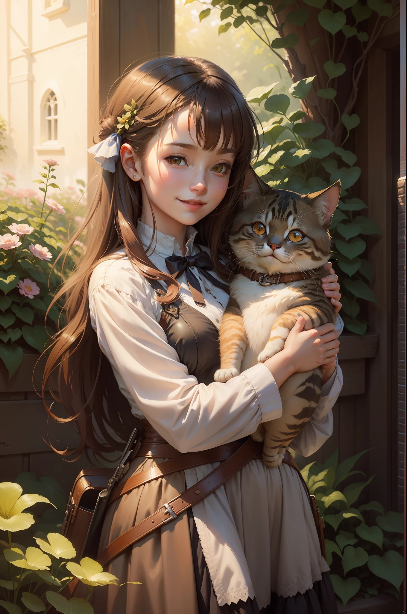 Anime girl with a cat in her arms - SeaArt AI