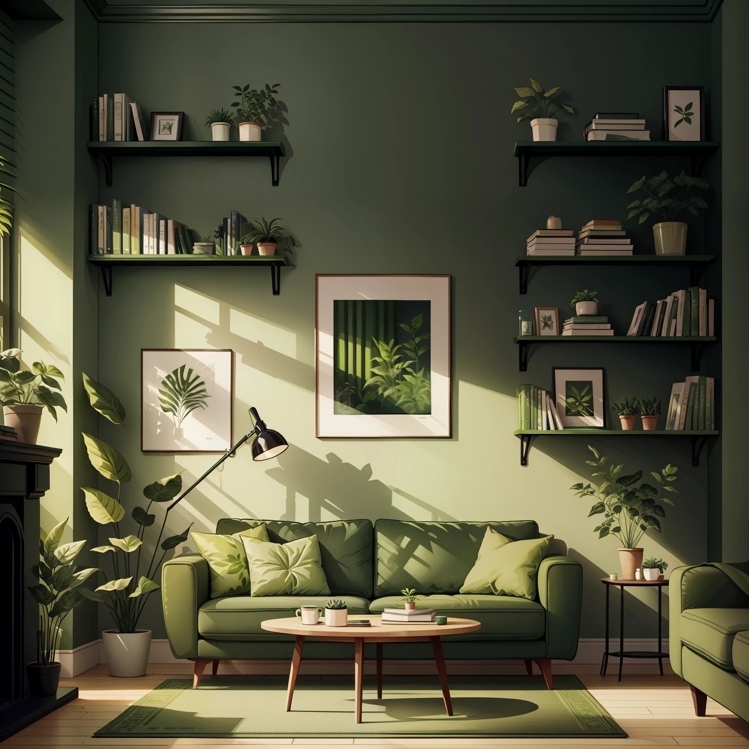 녹색 소파가 있는 거실, 벽에 녹색 식물, 책이 있는 책장