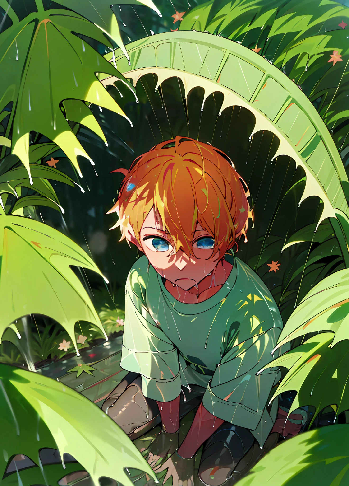 a Boy, Hoshino Aqua son of Hoshino Ai from anime oshi no ko, orange hair, star eyes,(after the rain:1.5), sitting in a puddle, (night time, shining stars:1.3), (flower field, glowing, bloom, chromatic, colourful:1.3), (wet foliage:1.8)