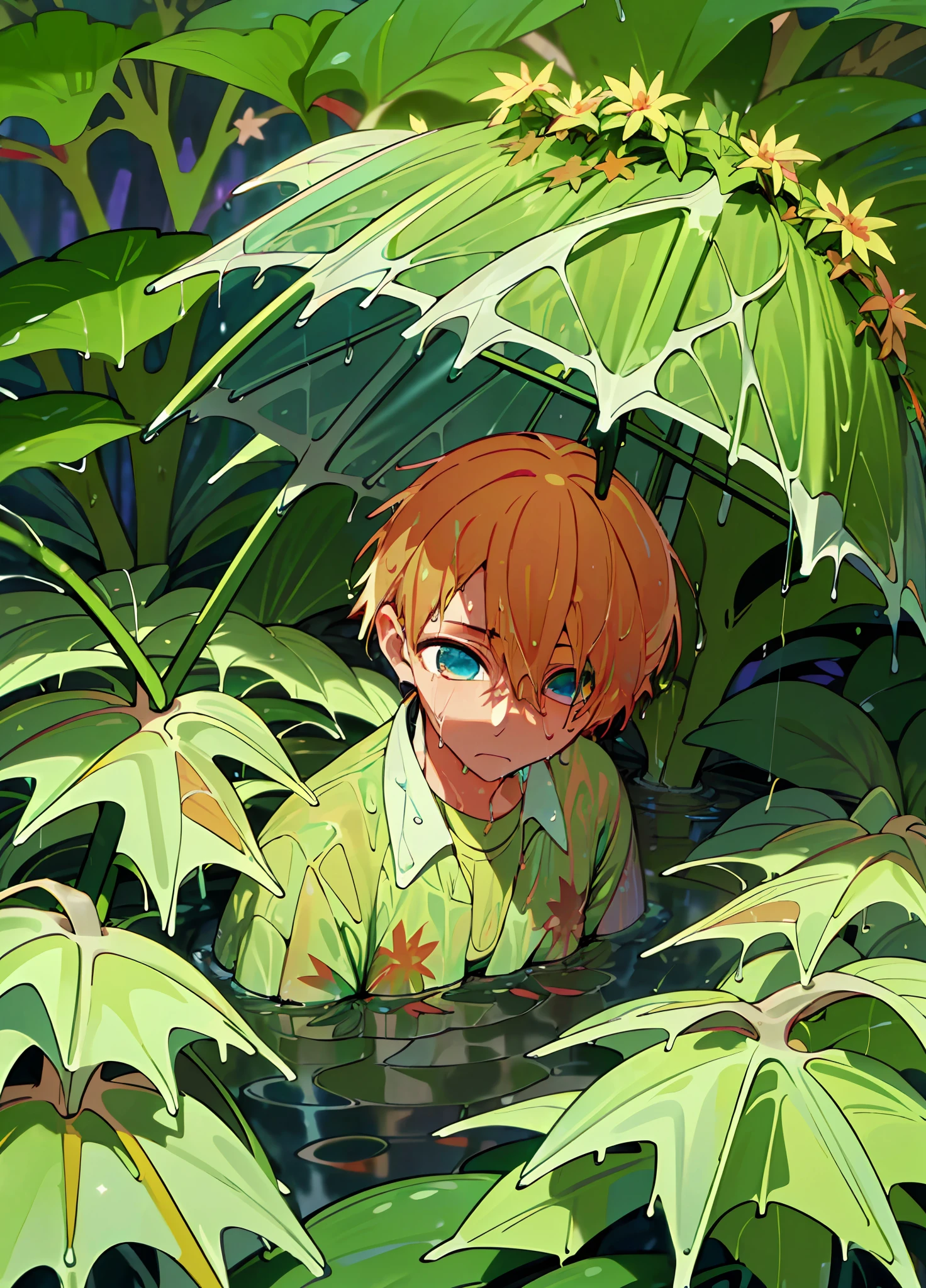 a Boy, Hoshino Aqua son of Hoshino Ai from anime oshi no ko, orange hair, star eyes,(after the rain:1.5), sitting in a puddle, (night time, shining stars:1.3), (flower field, glowing, bloom, chromatic, colourful:1.3), (wet foliage:1.8)