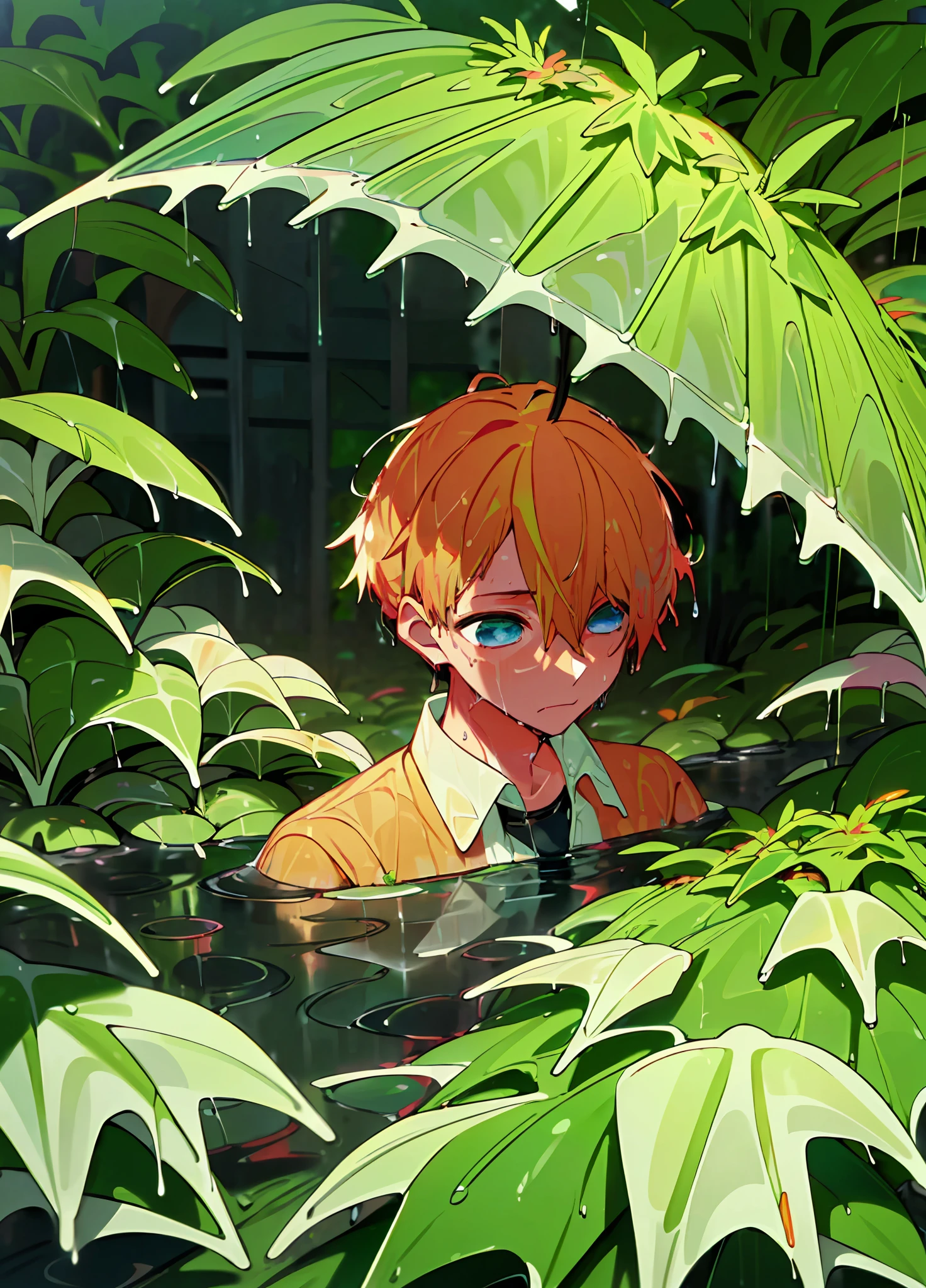 a Boy, Hoshino Aqua son of Hoshino Ai from anime oshi no ko, orange hair, star eyes,(after the rain:1.5), sitting in a puddle, (night time, shining stars:1.3), (flower field, glowing, bloom, chromatic, colourful:1.3), (wet foliage:1.8)