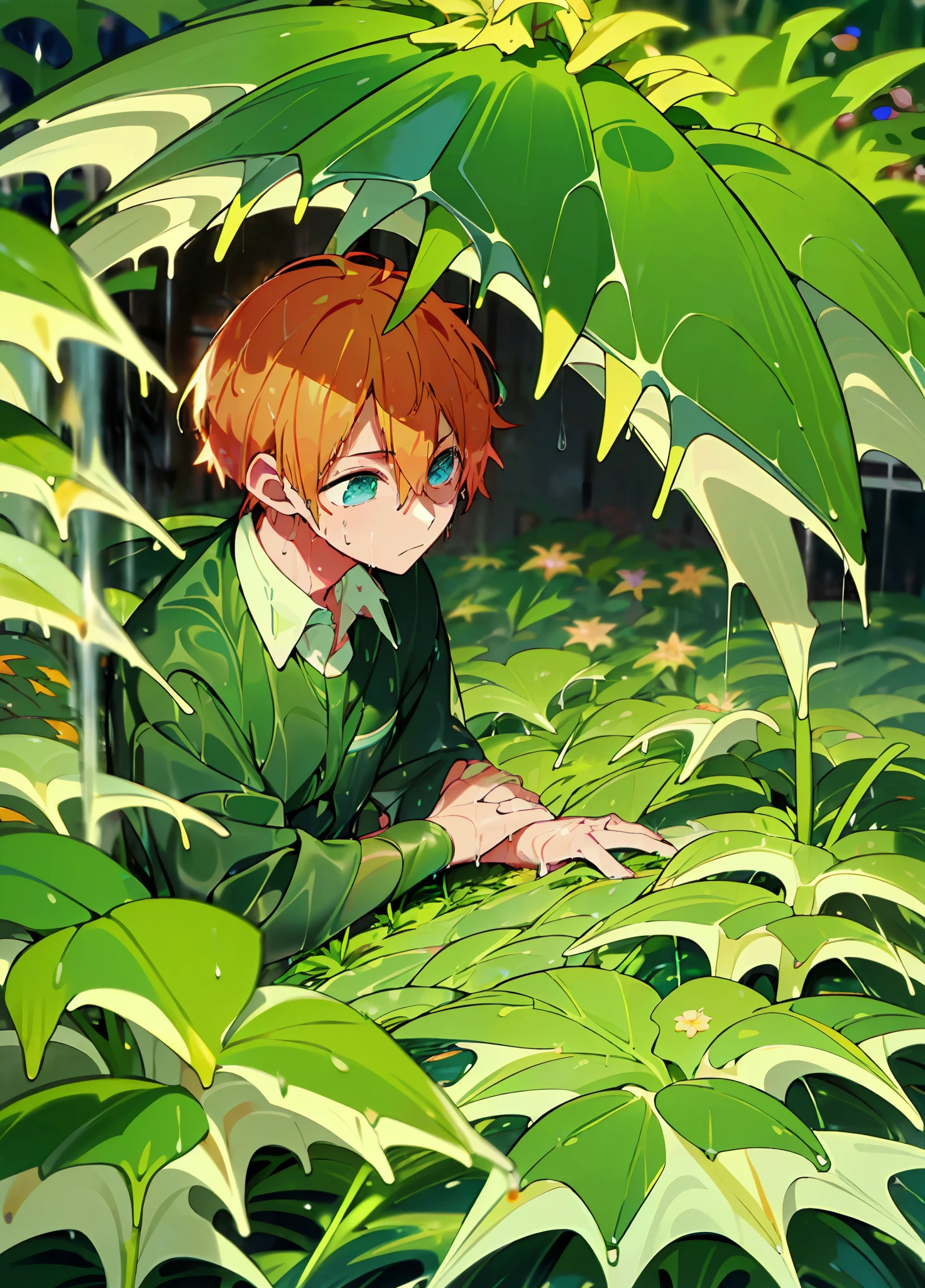 a Boy, Hoshino Aqua son of Hoshino Ai from anime oshi no ko, orange hair, star eyes,(after the rain:1.5), sitting in a puddle, (night time, shining stars:1.3), (flower field, glowing, bloom, chromatic, colourful:1.3), (wet foliage:1.8)