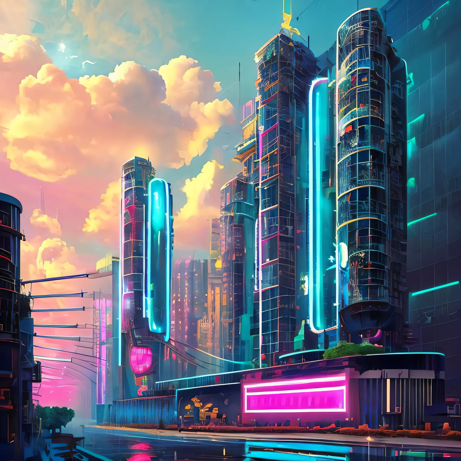 Heaven if it were cyberpunk, volumetric, neon, clouds, bright lights, angelic, beautiful scenery