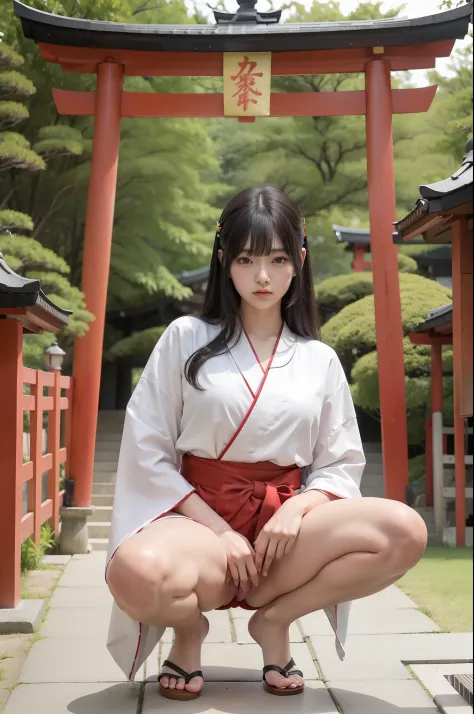 Photo Real、photoRealstic　A dark-haired、length hair、bangss　with round face、drooing eyes、big eye、Black eyes、a small face　shrine maiden、Priestess in Japan Clothes、Red Hakama、Long Hakama、White kimono with lines　sixteen years old、japanes、skinny  body、Skinny Leg...