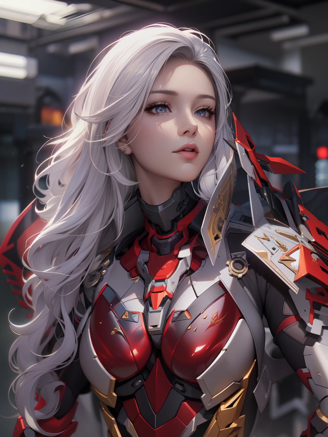 Exoskeleton mech，afofuturism，Gold and red theme style，offcial art，Unity 8k wallpaper，Hyper-detailing，Master masterpieces，，Best quality at best，A woman who is，（The is very detailed），（RAW photos，best qualtiy），（Realistis，realisticlying：1.3），High- sharpness，Open Your Mouth Lightly，Ultra-detailed complex face 3D  girl rendering，Mecha back，（highly detailedskin：1.2），），Beautiful Caucasian Woman，Soft breasts and fair skin ，Black color hair，eBlue eyes，long whitr hair，，dynamic angle，Mysterious expressions，fire glow effect，Fantasy background，edge lit，Side brightness，cinematric light，hyper HD，8K，filmgrain，Best shadow，light particules，detailed skin textures，Detailed jewel armor texture，detailed face with，with intricate detail，ultra - detailed，brightly，sturdy，Silver armor，，Slender abs， have glowing weaponech shield，pole，（Beautiful huge mech crown with details）），shinning eyes，long cape，fanciful,,,,,hdr（HighDynamicRange）,Ray traching,NVIDIA RTX,Hyper-Resolution,Unreal 5,Subsurface scattering、PBR Texture、post-proces、Anisotropy Filtering、depth of fieldaximum definition and sharpnesany-Layer Textures、Albedo e mapas Speculares、Surface coloring、Accurate simulation octane rendering of light-material interactions、Two-colored light、largeaperture、Low ISO、White balance、the rule of thirds、8K raw data、blackstockings