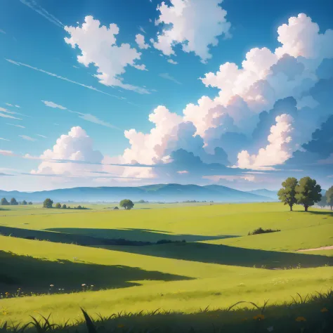 the vast sky, the vast grassland, the moving visual effects, the colorful natural light, the middle of the meadow