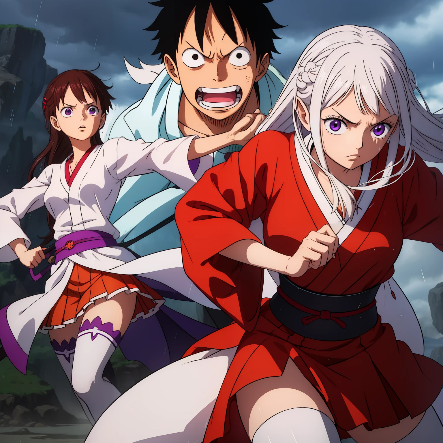 Full body shot of one male and female,fighting 1 versus 1,One of them take l angry, masterpiece, best quality, highly detailed, emilia \(re zero)\, luffy (one piece), one piece, The other one has brown hair and a black and red hakama, the other one purple eyes, pupil green crystal,the other one black eyes,the other one white dress,white thighhighs, half elf,white cream skin, rage, white hair, rain, white hair, Emilia re zero, re zero,The other one wears hakama,thunderstorm background,Luffy wears blue pants and there is a white feather on Luffy's belt.