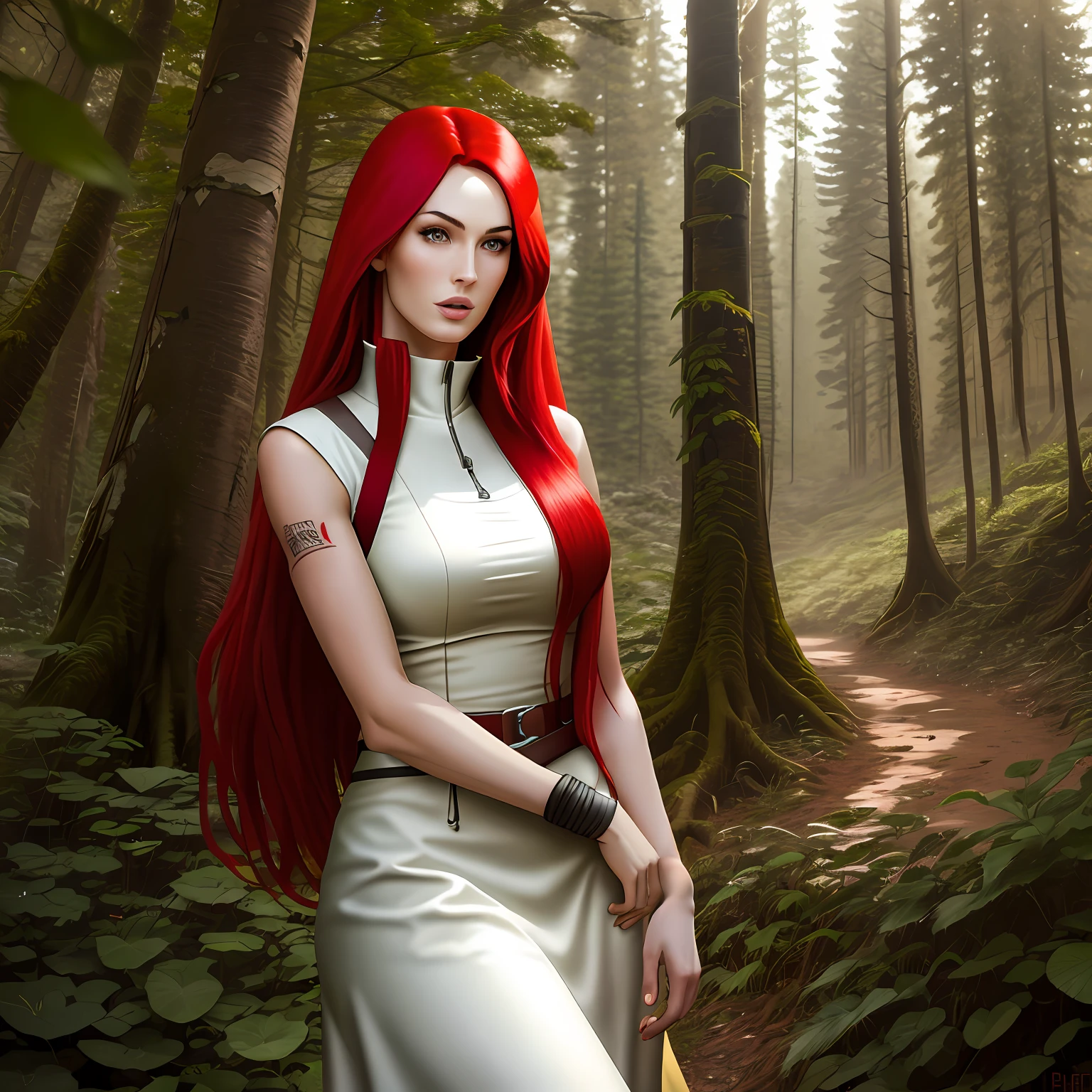 Mulher alta e bonita com cabelo vermelho-sangue em um cenário da natureza, como Megan Fox