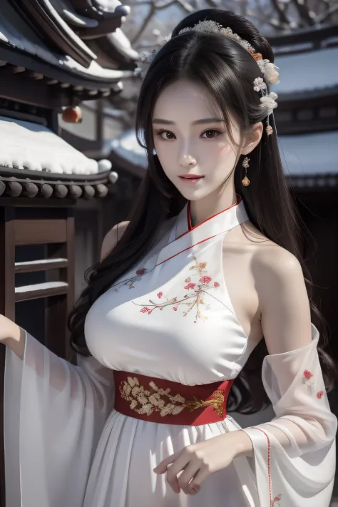 A stunning beauty，Beautiful atmosphere，Detailed facial depiction，Chinese-style coiled hair，Black hair，big bright eyes，Supple, fa...
