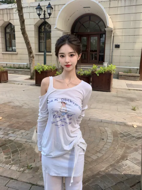 There was a woman in a white shirt standing in front of a building。。, white trendy clothes, smooth white tight clothes suit, dil...