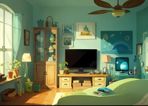 tmasterpiece，best of quality，song of the sea，
（plant sheds：1.3）， a plant， sofe，tvp，fish tank， inside in room， liveroom，glass，
ca...