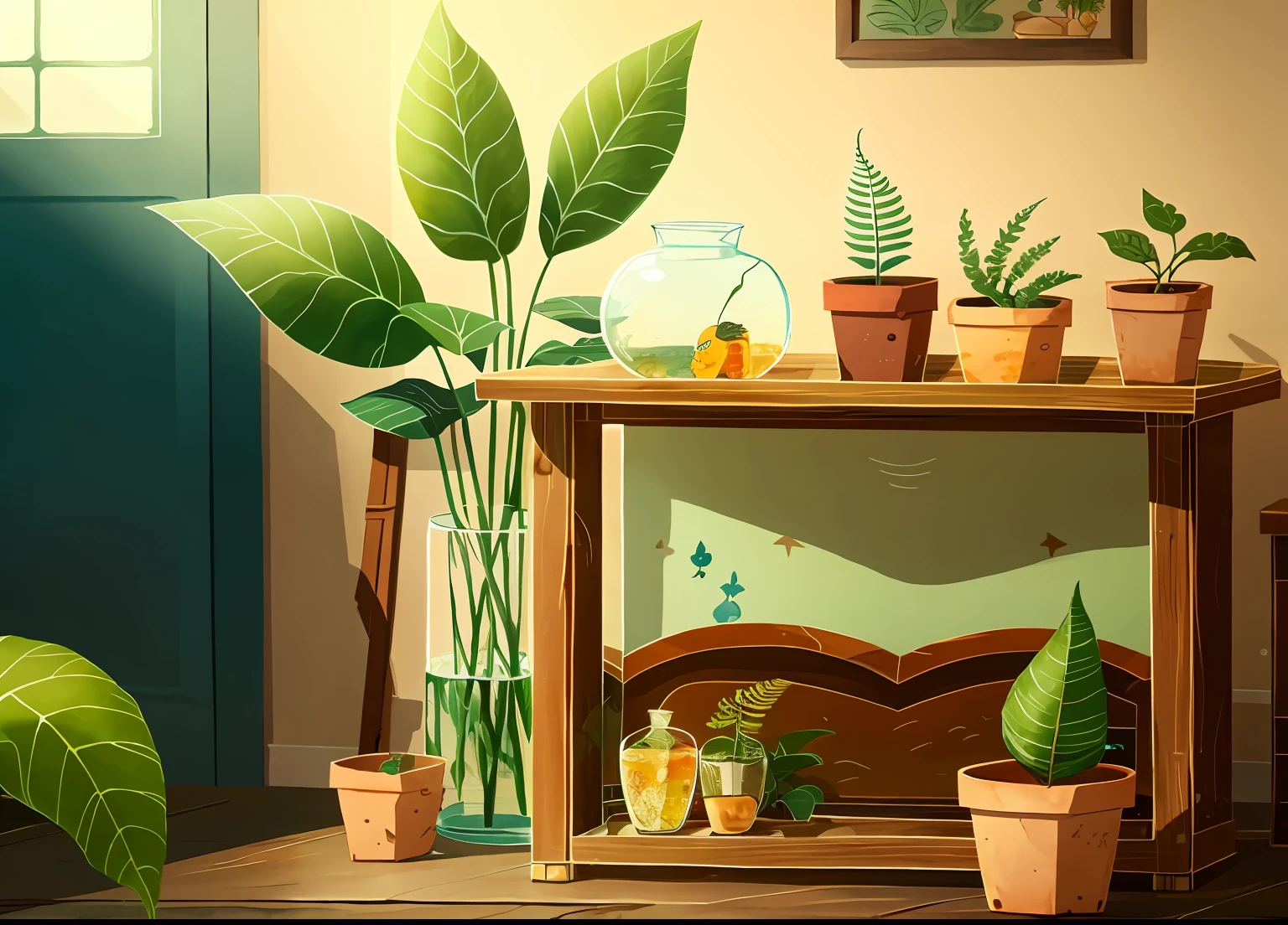 tmasterpiece，best of quality，Song of the Sea，
（Plant sheds：1.3）， a plant，fern， inside in room，liveroom，sofe，tea table， glass，natural soft light，
cartoony， textur， 2D illustration，