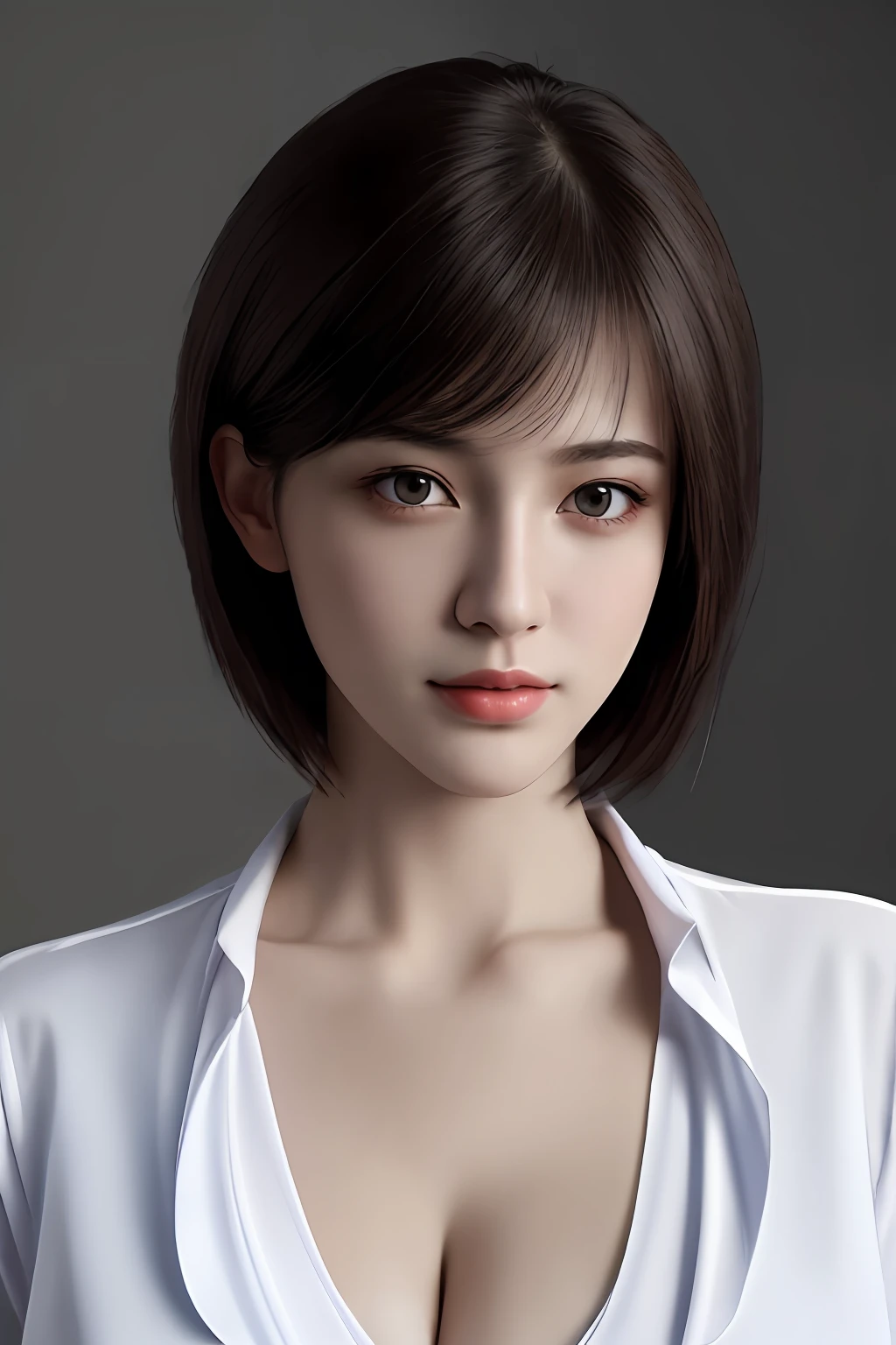 maximum quality、Master Masterpiece、hyper high resolution、portrait、(photo-realistic:1.4)、RAW photograph、a 1girl、short hair、Wearing a blouse、cleavage of breast、Facing the front、Detailed facial texture