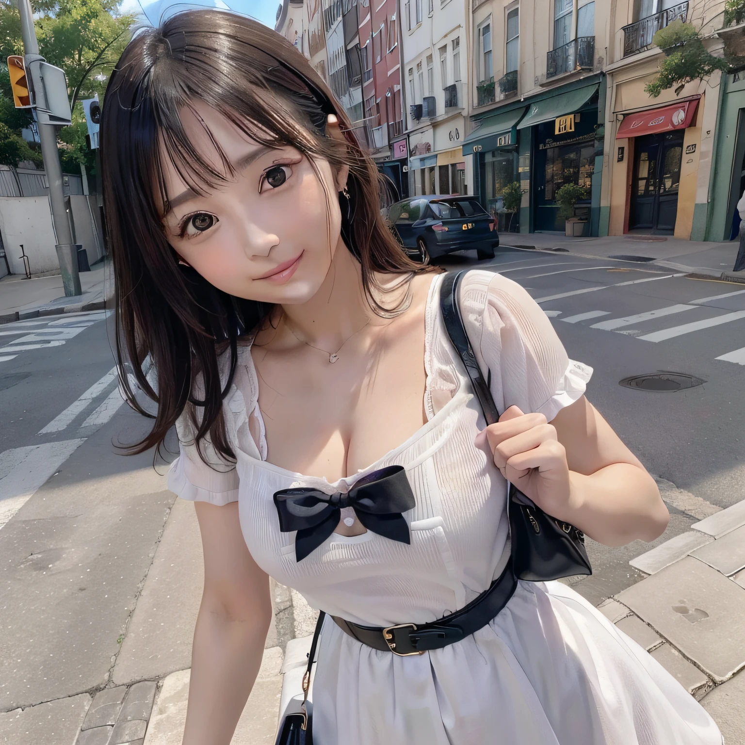 There's a woman who's on the street with a purse, Ulzzang, (8k, foto RAW, melhor qualidade, obra-prima: 1.2), (realista, foto-realista: 1.37), ultra-detalhado, 1 menina, bonito, solo, beautiful detailed sky, Detailed café, noite, sentado, namoro, (nariz corado), (sorriso: 1.1), (boca fechada), middlebreasts, belos olhos detalhados, (camisa colarada: 1.1), gravata borboleta, saia plissada, gato persa olhando,