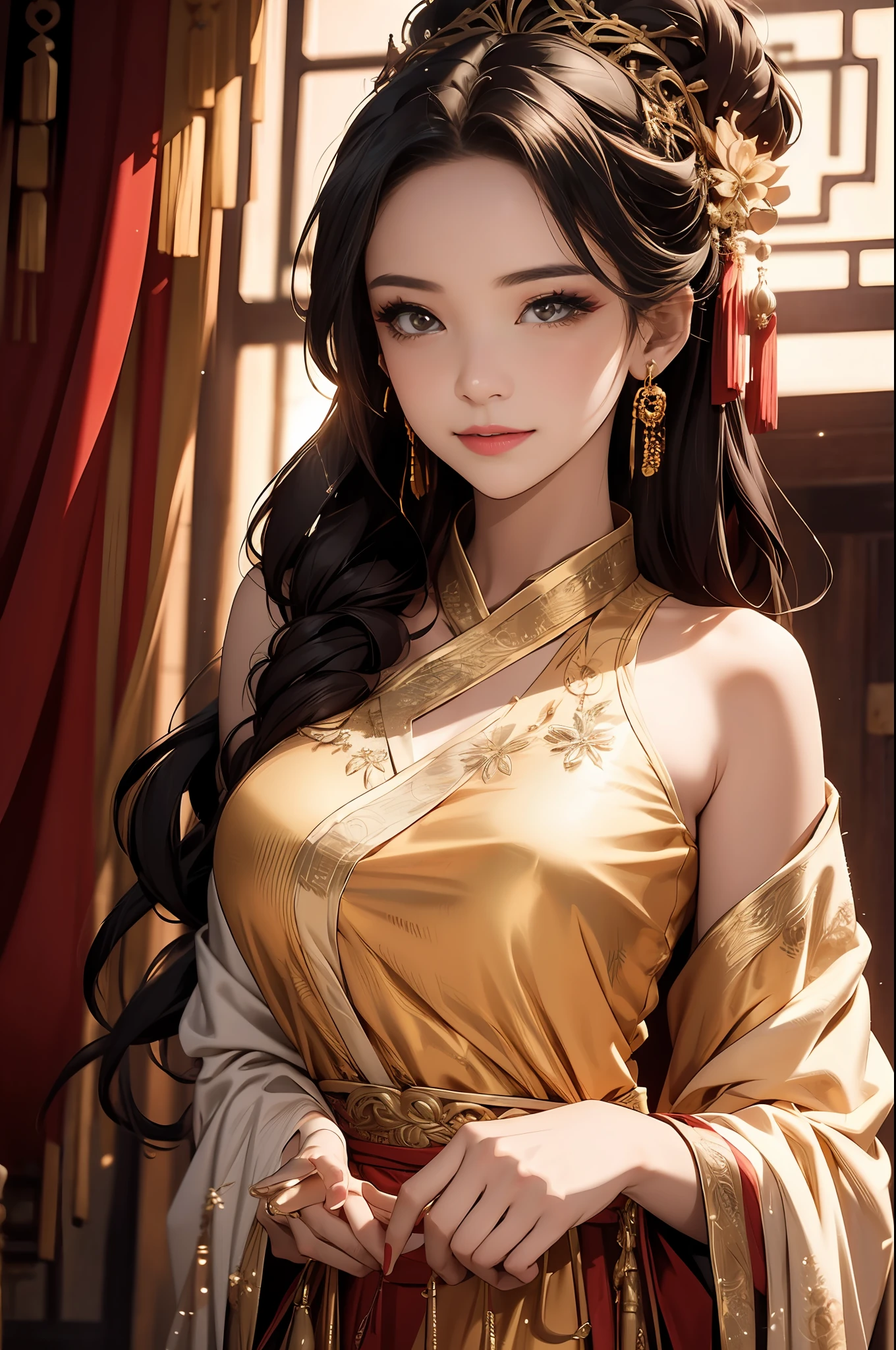 ((Best Quality)), ((Ultra High Resolution)), ((Realistic)), Fine details, Age 19 on Appearance, Black hair, Perfect face shape, Moderate Makeup:1.5, Face lighting, Accentuating Details, Long hair, Wearing Chinese Wedding Dress, Gold Headgear Decoration, Holding a fan, Red Wedding Dress Extra Points: 1.3, Gold Dress Details. portrait of a full body, windows, a bed, drapes, Candlelight, present a picture of a long-range pose.