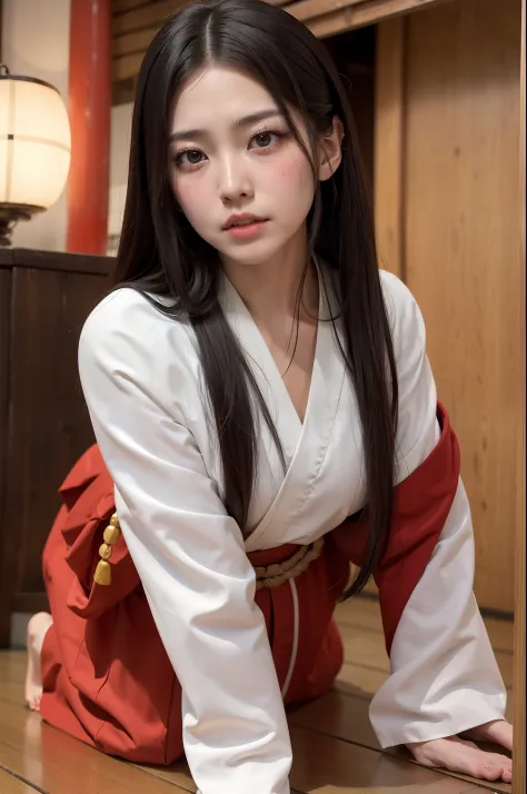 Photo Real、photoRealstic　A dark-haired、length hair、bangss　with round face、drooing eyes、big eye、Black eyes、a small face　shrine maiden、Priestess in Japan Clothes、Red Hakama、Long Hakama、White kimono with lines　sixteen years old、japanes、skinny  body、Skinny Leg...