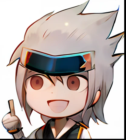 A happy guy with a knife and a blue-faced cartoon, fubuki, nagito komaeda, kakashi hatake, With a happy expression, Happy emoji, Otaku Gangasta, He looked happy, Kaihuai, Kakashi, tchibi, he has dark grey hairs, very happily