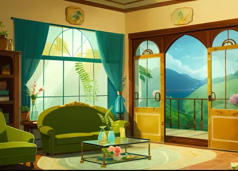 tmasterpiece，best of quality，song of the sea，
（plant sheds：1.3）， a plant， fern，  inside in room， glass flower room，sofe，tea tabl...