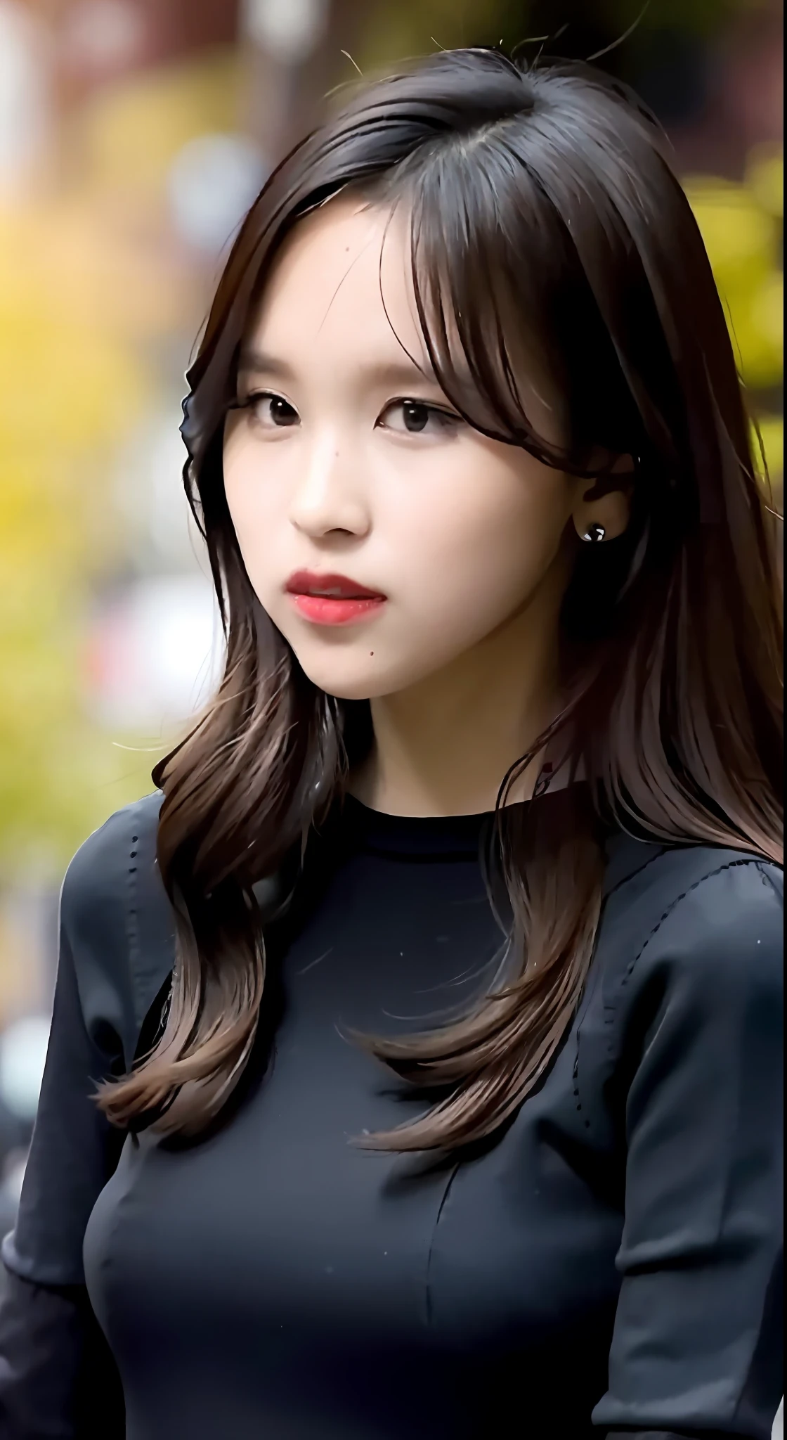 Mina，Clothes in black，Black long hair，（（best qualtiy，8K，tmasterpiece：1.3）），Outstanding style，Natural makeup，Have lunch at a café in the sun