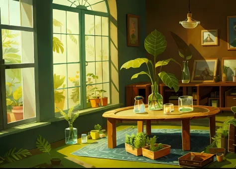 tmasterpiece，best of quality，song of the sea，
（plant sheds：1.3）， a plant， fern，  inside in room， glass flower room，sofe，tea tabl...