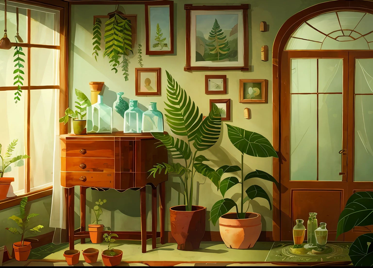 tmasterpiece，best of quality，Song of the Sea，
（Plant sheds：1.3）， a plant， fern，  inside in room， Glass flower room，sofe，tea table，realisticlying，oil painted，
， textur， 2D illustration，