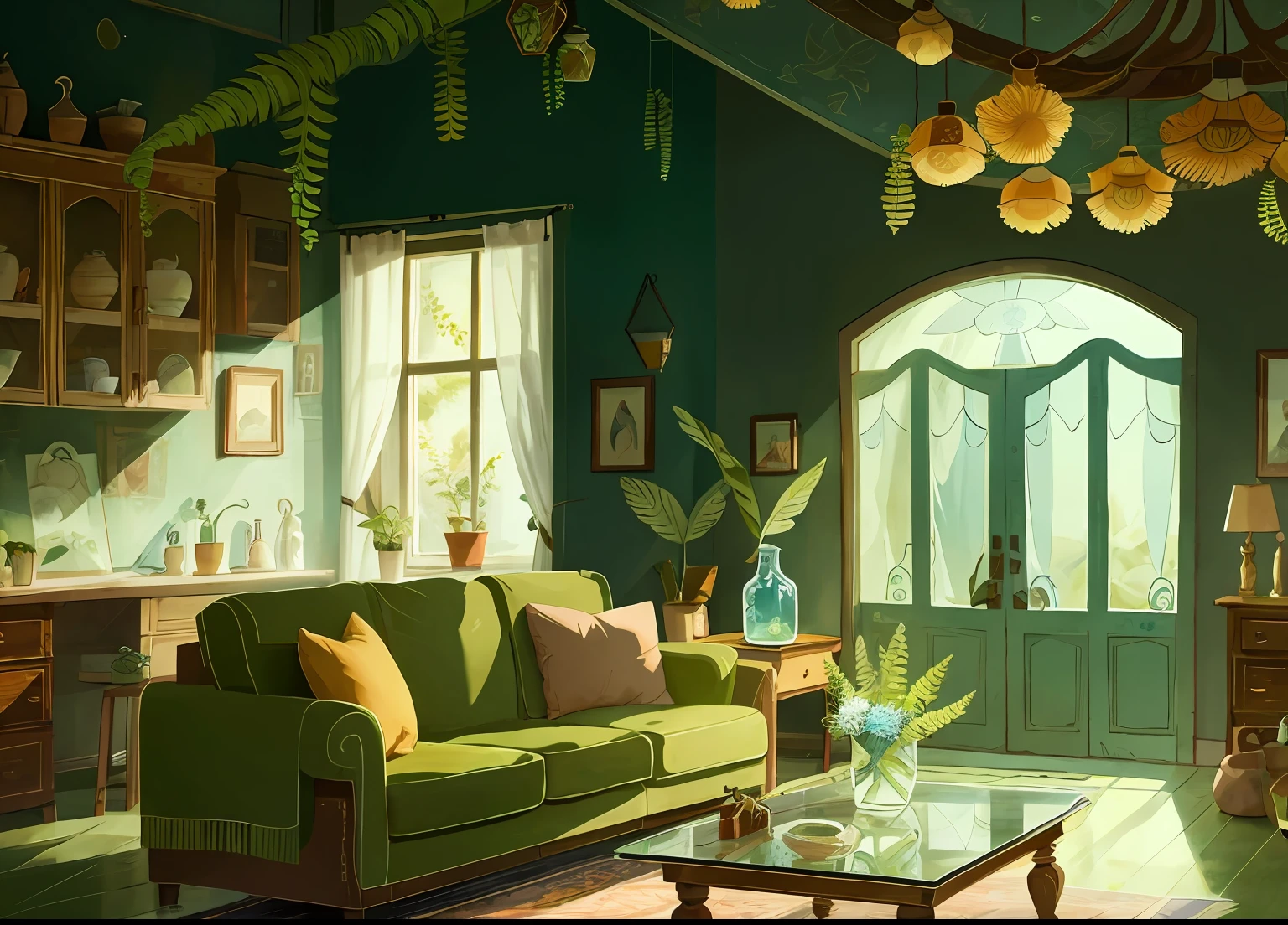 tmasterpiece，best of quality，Song of the Sea，
（Plant sheds：1.3）， a plant， fern，  inside in room， Glass flower room，sofe，tea table，realisticlying，oil painted，
， textur， 2D illustration，