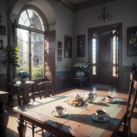 tile-roofed house，Doors, doors, windows and doors，A large window with table and chairs and a large window，Flowers on the table and breakfast for the family，Photorealistic rendering of Unreal Engine， Rendering of Vray 8k， Rendering of Unreal Engine5， Render...