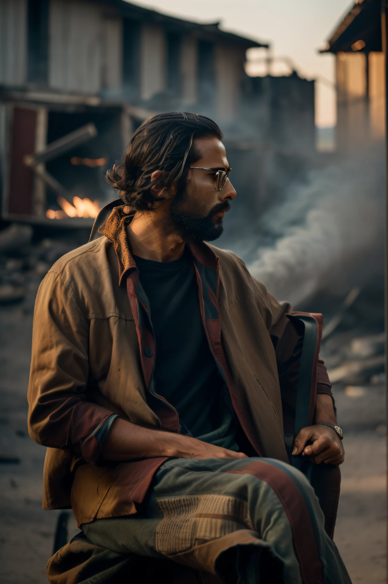 cine still action portrait, a stylish man walking away from a blast, fire and dust, photorealistic, ultra realistic, shot on Canon EOS R5, 45-70mm, F /2.8, depth of field, bokeh-style, balanced color schemes, dramatic composition,looking at the camera