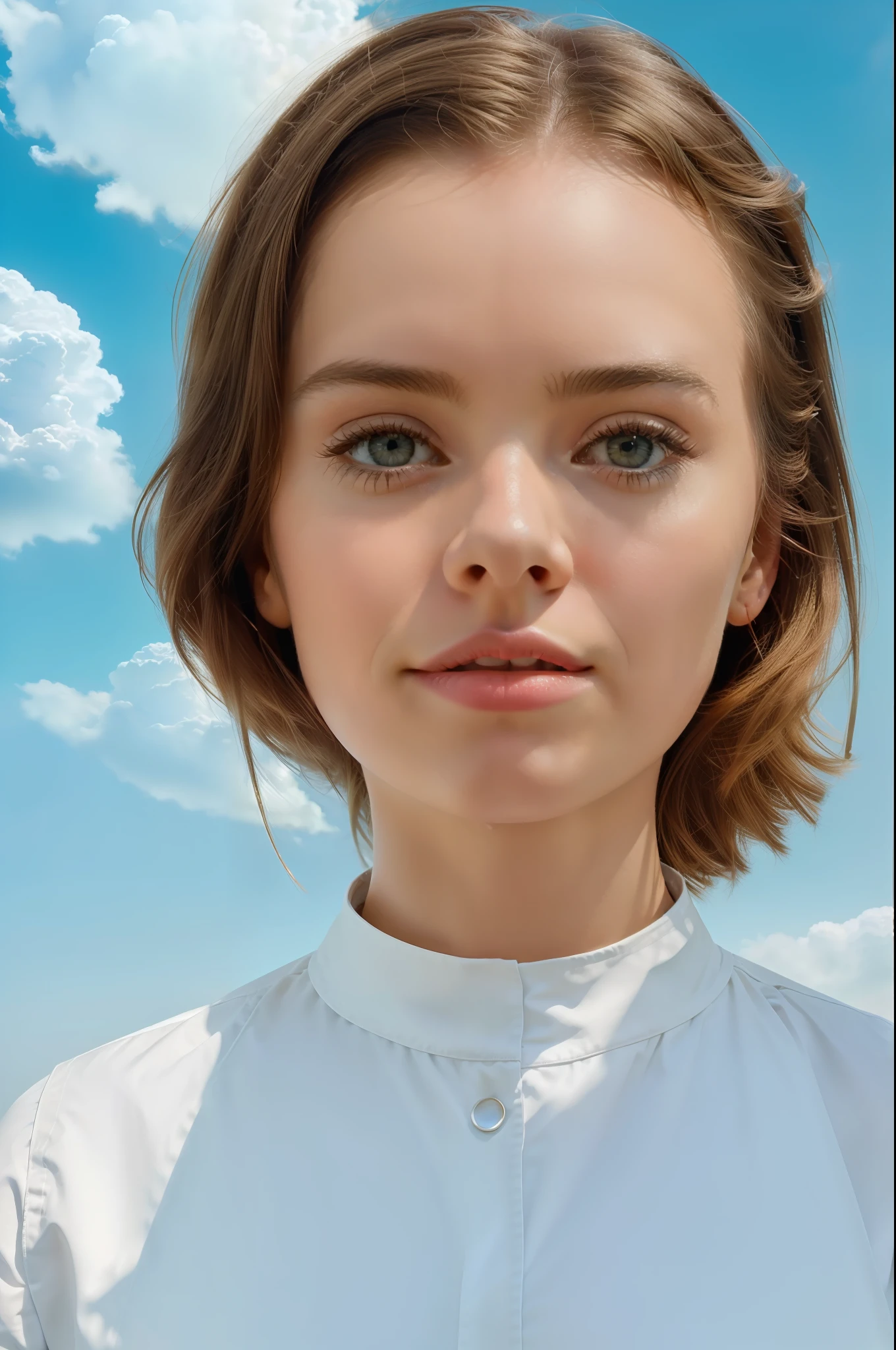 masterpiece, best quality, movie still, 1girl, floating in the sky, cloud girl, cloud, (close-up:1.1), bright, happy, fun, soft lighting, (Bauhaus, shapes, lines, abstract:1.1)