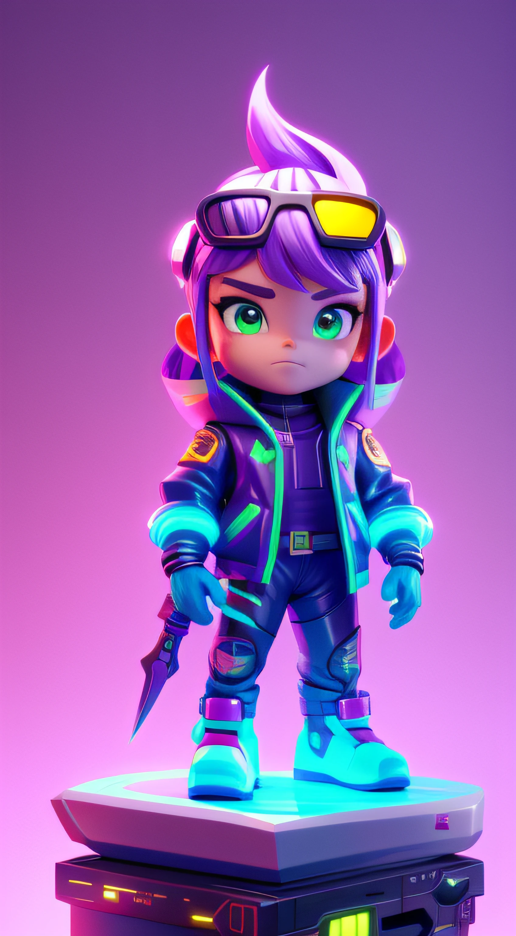 blindbox，plastic toy，3D toys，IP model，A cute and stylish little girl, white  hair, Wear tech goggles, Wear a holographic glowing translucent jacket, Holding a purple-glowing combat dagger in his hand, There are a lot of decorations on the clothes, Precision mechanical components, shiny material, cyberpunk, Futurism,pixar,resin material,fully body,fullshot,simple background,display lighting ,Volumetric lighting,..3d,C4D,OC Render,volume rendering,extremely detailed details,HDR,8K resolution
