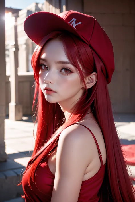 （Red long-haired，red color eyes，Red hat，Red clothes），Facing the lens，tmasterpiece，best qualtiy，high qulity，k hd，High-quality textures，High-quality shadows，high detal，realisticlying，cinematric light，Sideslit，lens flare glow，Ray traching，Sharp focus，