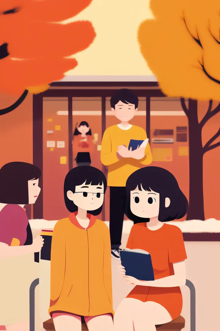 best image quality，masterpiece，8k分辨率，girl holding a book in her arms，three anime college students，chat face-to-face，keith haring...