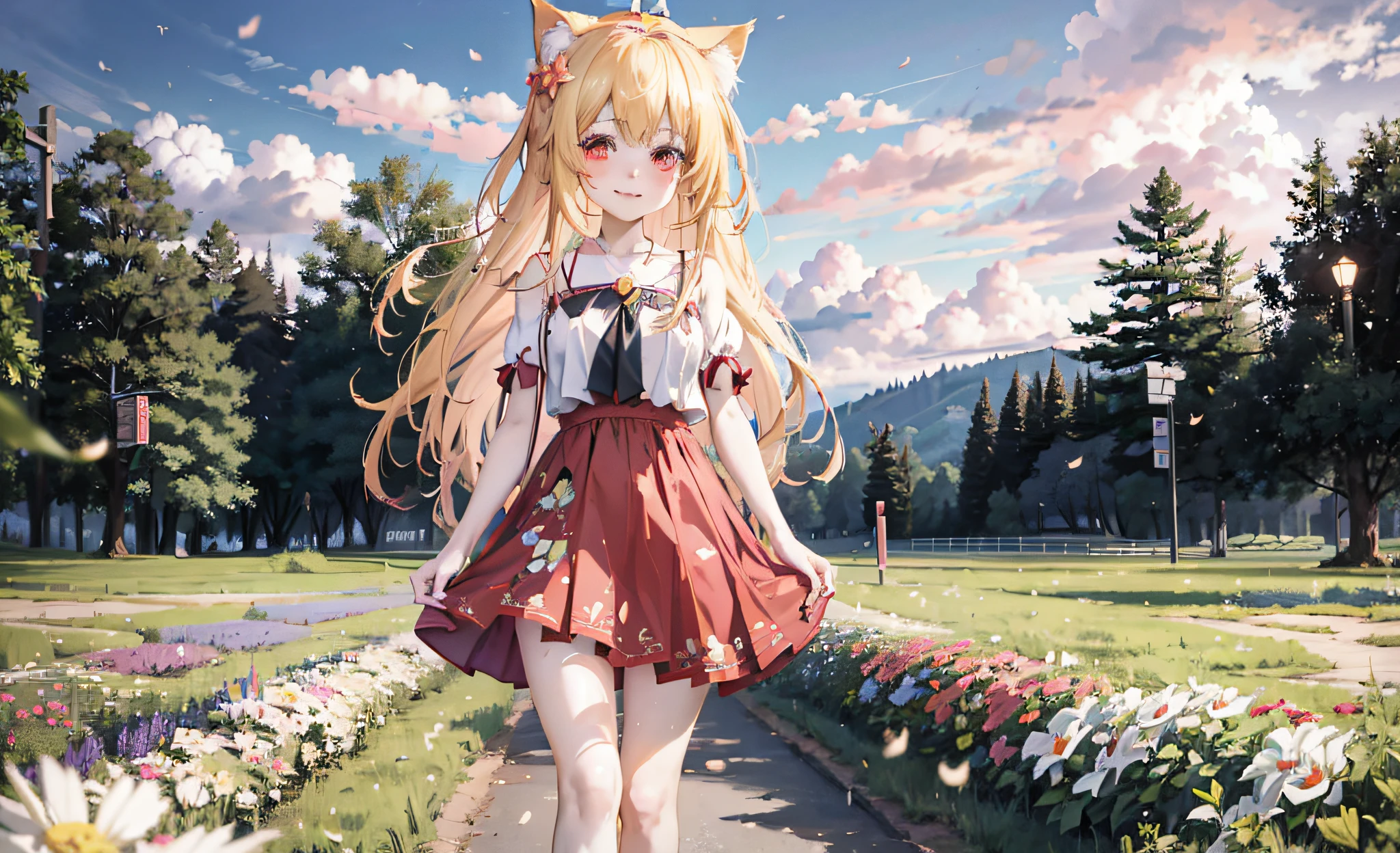 Anime girl walking on the path of the park in a red dress, Very beautiful anime cat girl, anime girl with cat ears, beautiful anime catgirl, loli in dress, style of anime4 K, Blonde anime girl with long hair, cute anime waifu in a nice dress, Beautiful anime girl, cute anime catgirl, anime visual of a cute girl