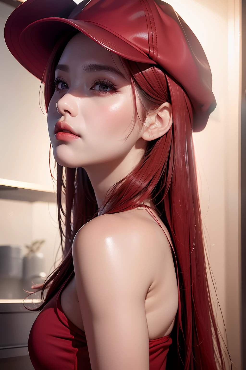 masterpiece,high quality,(8K, RAW photo, Photorealistic:1.25) ,( Gloss on lips, eyeslashes, gloss face, Glossy glossy skin, Best quality, 超高分辨率, Depth of field, color difference, Caustics, Broad lighting, naturalshadow,Red eyes, Red hair, Red clothes,a red hat) Fantasyart，photographrealistic，动态照明，artstation，poster for，Volumetriclighting，Very detailed faces