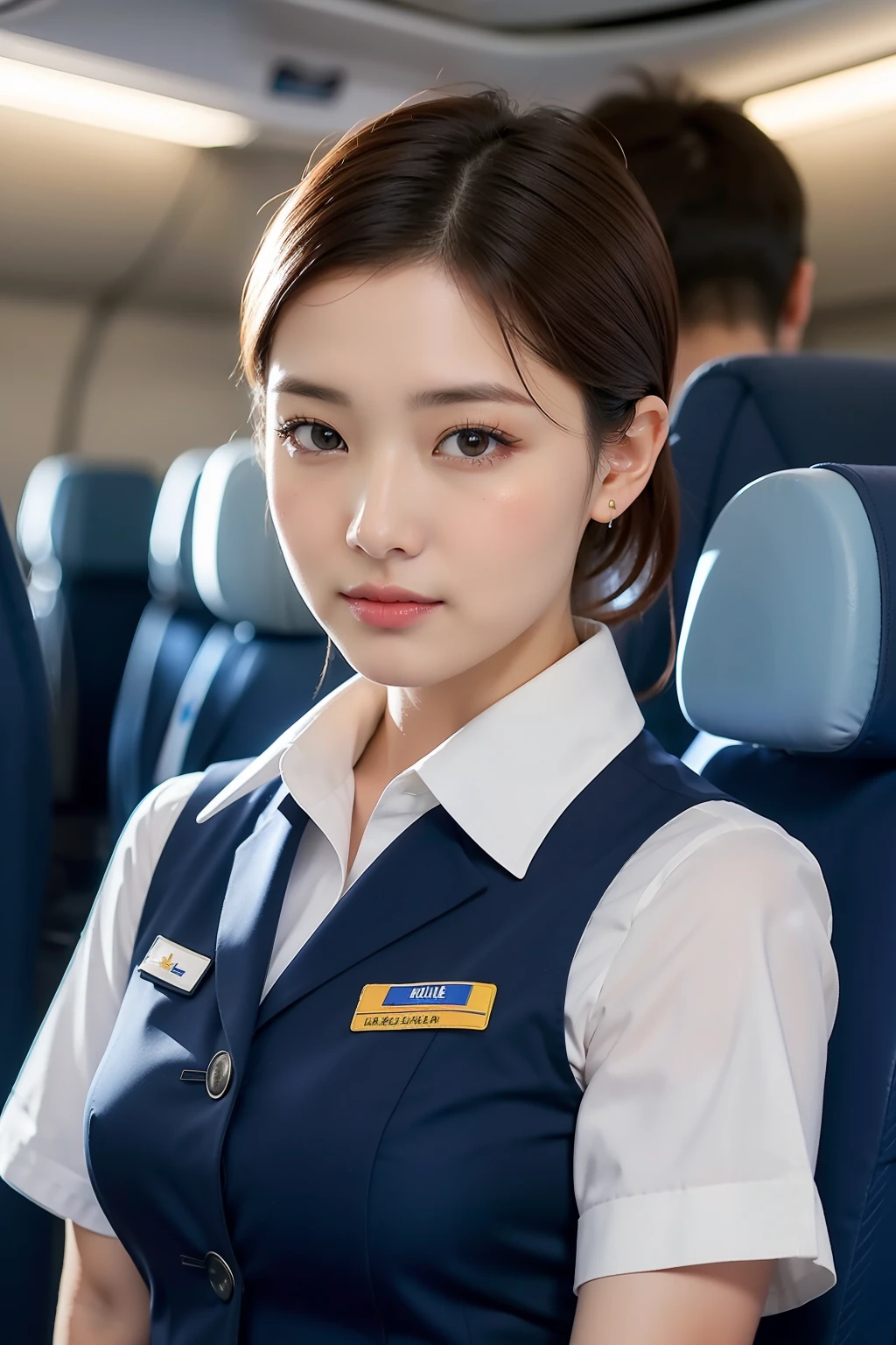 photo of a ultra realistic 4k, hyper realistic, focused, perfect face, beautiful face, lots of fine detail, photography, photorealism, the highest quality, the highest detail, Third-Person View, Long Exposure, 8K, Ultra-HD, ultra details, award-winning photography, 
stewardess, in airplane, short hair, ponytail, Korean, Korean idol, Korean beauty, full body, white skirt, blue short sleeve Korean airline uniform,