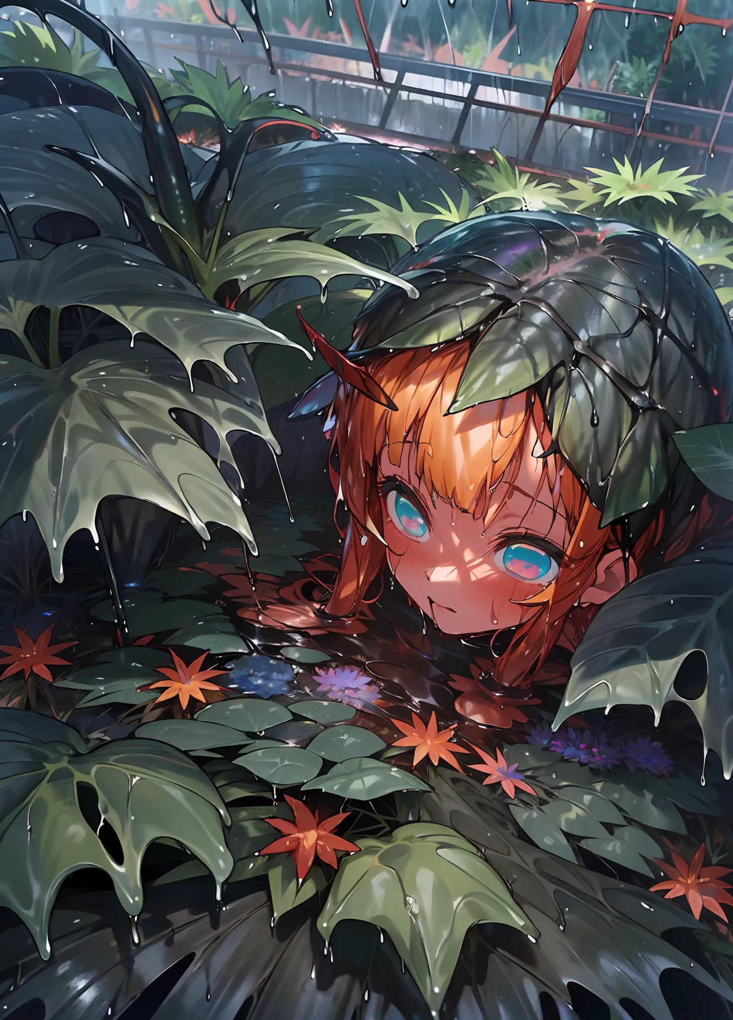 a girl, Mem-Cho from the anime oshi no ko, Orange Hair, Blue Eyes, Little horn on head, (after the rain:1.5), sitting in a puddle, (night time, shining stars:1.3), (flower field, glowing, bloom, chromatic, colourful:1.3), (wet foliage:1.8)