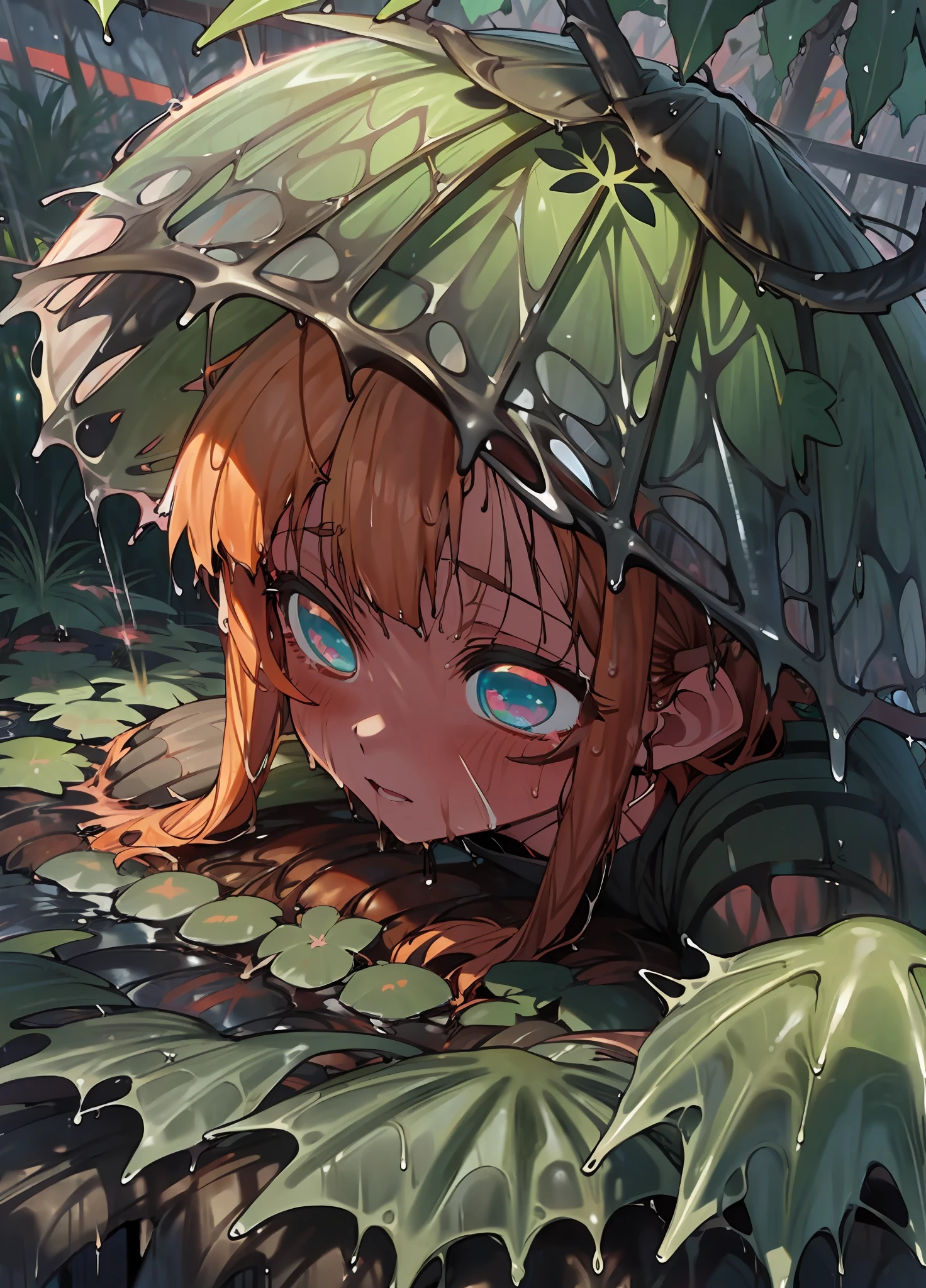 a girl, Mem-Cho from the anime oshi no ko, Orange Hair, Blue Eyes, Little horn on head, (after the rain:1.5), sitting in a puddle, (night time, shining stars:1.3), (flower field, glowing, bloom, chromatic, colourful:1.3), (wet foliage:1.8)
